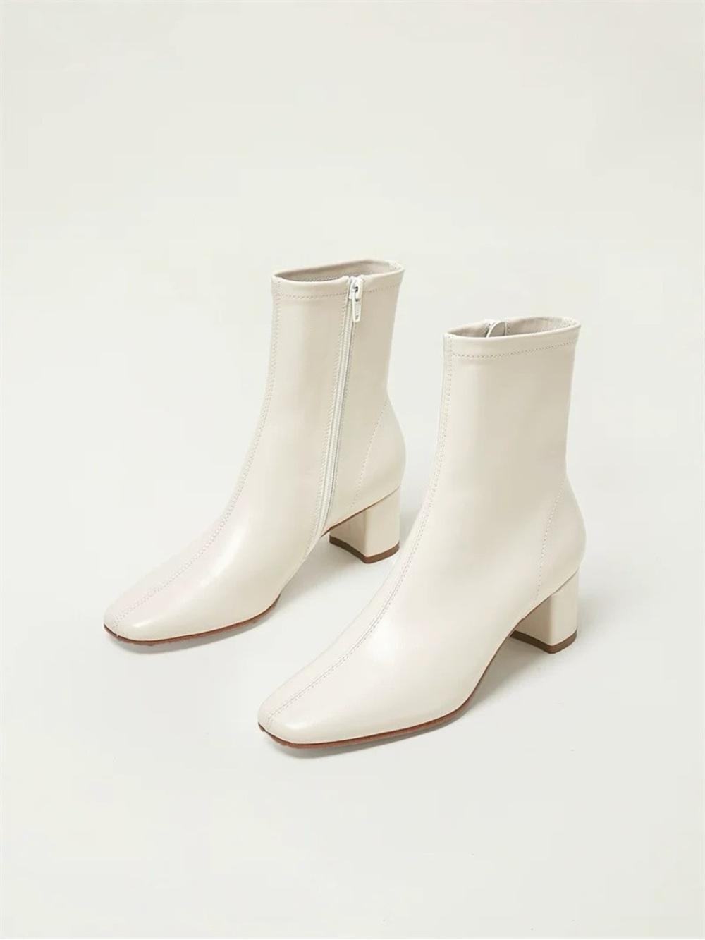 Sheepskin Lined Cream Leather Ankle Boots Square Toe Chunky Heel EU 35 US 5.5